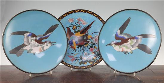 Three Japanese cloisonne enamel dishes, Meiji period, 31cm